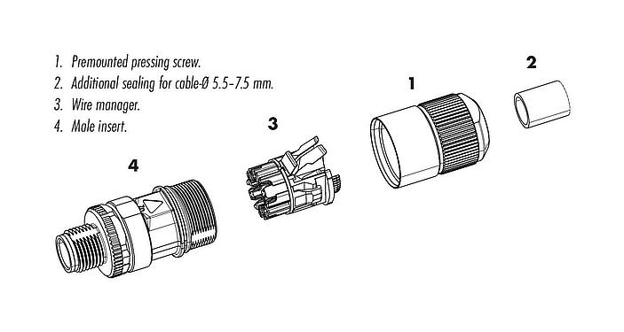 Descripción del artículo 99 3788 810 08 - M12 Conector de cable hembra, Número de contactos: 8, 5,5-9,0 mm, blindable, IDC, IP67