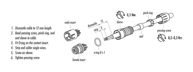 Instrucción de montaje 99 9213 050 05 - Snap-In Conector de cable macho, Número de contactos: 5, 3,5-5,0 mm, sin blindaje, soldadura, IP67, UL 2238