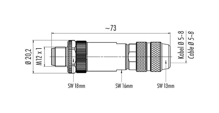 Dibujo a escala 99 3721 810 04 - M12 Conector de cable macho, Número de contactos: 4, 5,0-8,0 mm, blindable, crimpado (los contactos de crimpado deben pedirse por separado), IP67