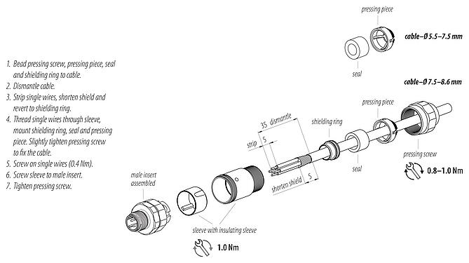 Instrucción de montaje 99 3729 995 04 - M12 Conector de cable macho, Número de contactos: 4, 5,5-8,6 mm, blindable, tornillo extraíble, IP69K, UL 2238, Acero inoxidable, con anillo de protección
