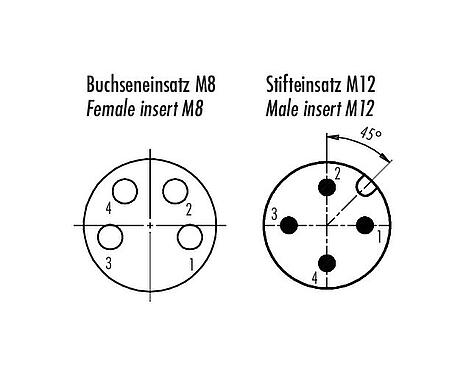 Disposición de los contactos (lado de la conexión) 09 5281 00 04 - M12/M8 Adaptador, Número de contactos: 4, sin blindaje, enchufable, IP67