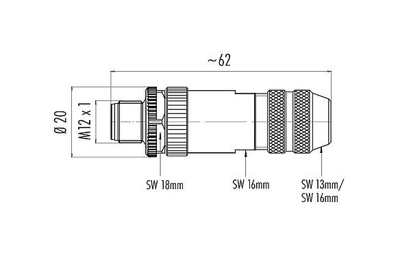 Dibujo a escala 99 3729 810 04 - M12 Conector de cable macho, Número de contactos: 4, 6,0-8,0 mm, blindable, tornillo extraíble, IP67, UL 2238