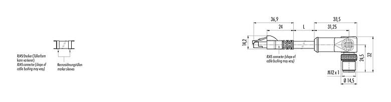 Dibujo a escala 77 9753 3527 34708-0030 - M12/RJ45 Cable de conexión conector macho en ángulo - conector RJ45, Número de contactos: 8, blindado, moldeado/engarzado, IP67, Ethernet CAT5e, TPE, azul/verde, 4 x 2 x AWG 24, 0,3 m