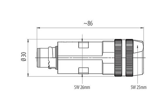 Dibujo a escala 99 6155 000 06 - Bayoneta Conector de cable macho, Número de contactos: 6 (3+PE+2), 7,0-14,0 mm, blindable, tornillo extraíble, IP67 enchufado y bloqueado, UL 2237