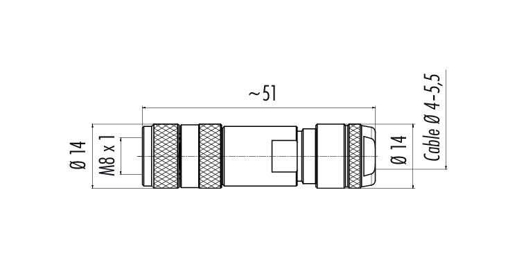 Dibujo a escala 99 3368 100 04 - M8 Conector de cable hembra, Número de contactos: 4, 4,0-5,5 mm, blindable, tornillo extraíble, IP67, M8x1,0, Pluma de iris